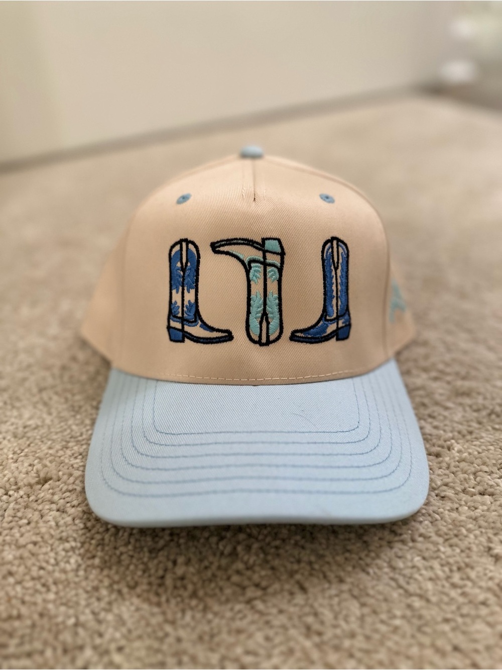Cream and Light Blue Embroidered Western Boot & Hat Cap
